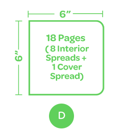 <ul><li>6” x 6"</li><li>18 page self cover</li><li>8 interior spreads + 1 front & back cover spread</li></ul>
