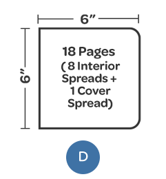 <b>Style D</b><ul><li>6 x 6</li><li>18 page self cover</li><li>8 interior spreads, 1 front and back cover spread</li></ul>