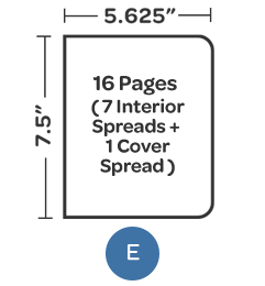 <b>Style E</b><ul><li>5.625 wide x 7.5 tall</li><li>16 page self cover</li><li>7 interior spreads, 1 front and back cover spread</li></ul>