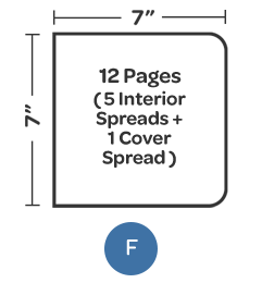 <b>Style F</b><ul><li>7 x 7</li><li>12 page self cover</li><li>5 interior spreads, 1 front and back cover spread</li></ul>