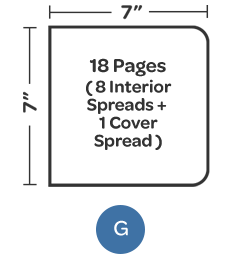 <ul><li>7" x 7"</li><li>18 page self cover</li><li>8 interior spreads + 1 front & back cover spread</li></ul>